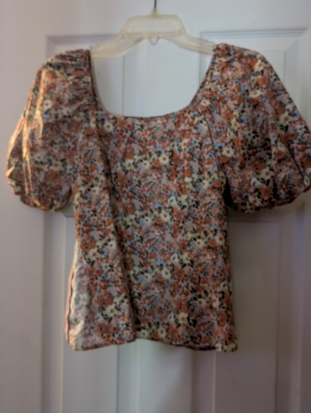 Allegra K Peach Floral Square-Neck Puff Sleeve Blouse